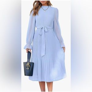 Women's Midi Dress Long Sleeve Ruffle Trim A-line Pleated Swing Chiffon Dresses